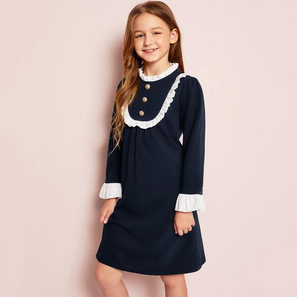 

Girls Button Front Frill Trim Tunic Dress