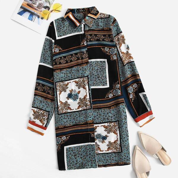 

Button Front Scarf Print Shirt Dress