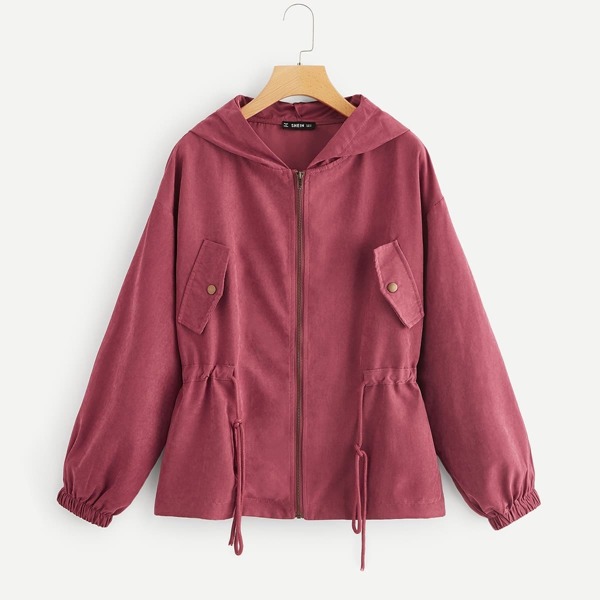 

Drawstring Waist Zip Up Hoodie Jacket, Burgundy