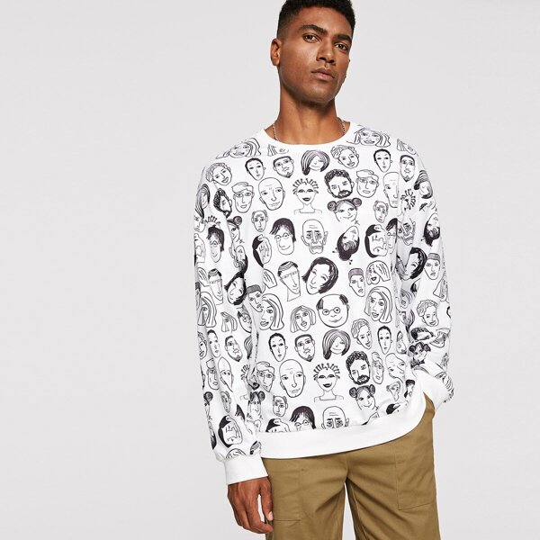 

Men Crew Neck Allover Figure Print Pullover, White