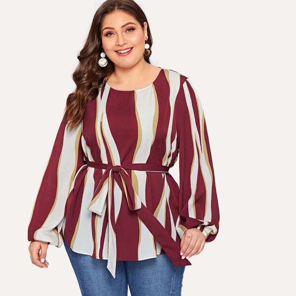 

Plus Color-block Balloon Sleeve Belted Blouse, Burgundy