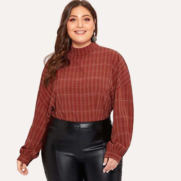 

Plus Drop Shoulder Balloon Sleeve Plaid Blouse