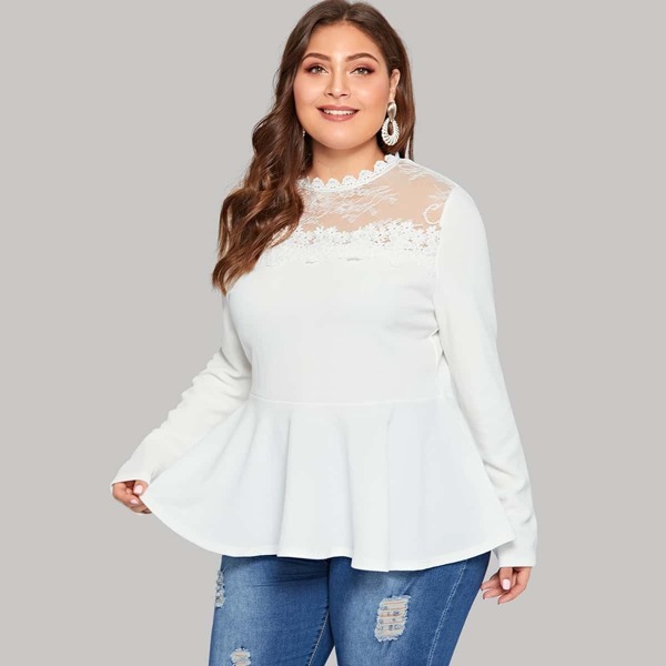 

Plus Lace Yoke Appliques Peplum Top