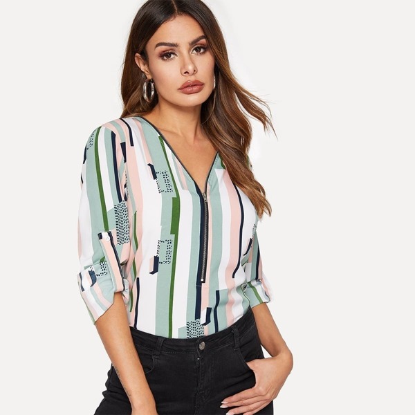 

Zip Up Striped Roll Tab Sleeve Top