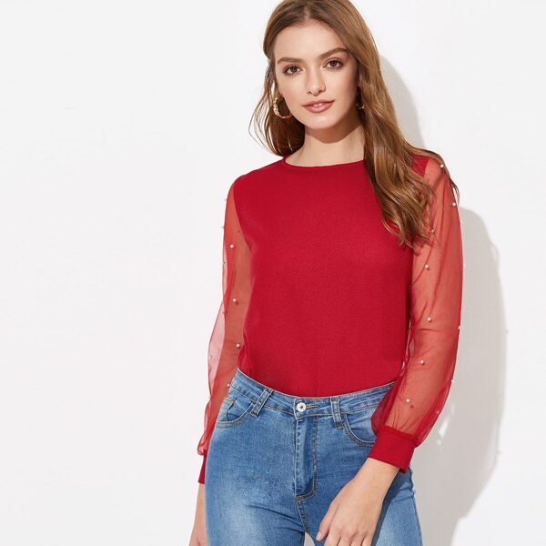 

Pearls Beaded Mesh Sleeve Blouse