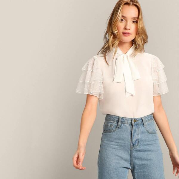 

Pearls Beaded Layered Sleeve Tie Neck Top