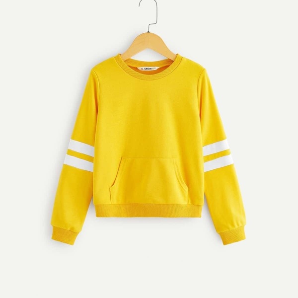 

Girls Kangaroo Pocket Patched Striped Sleeve Pullover