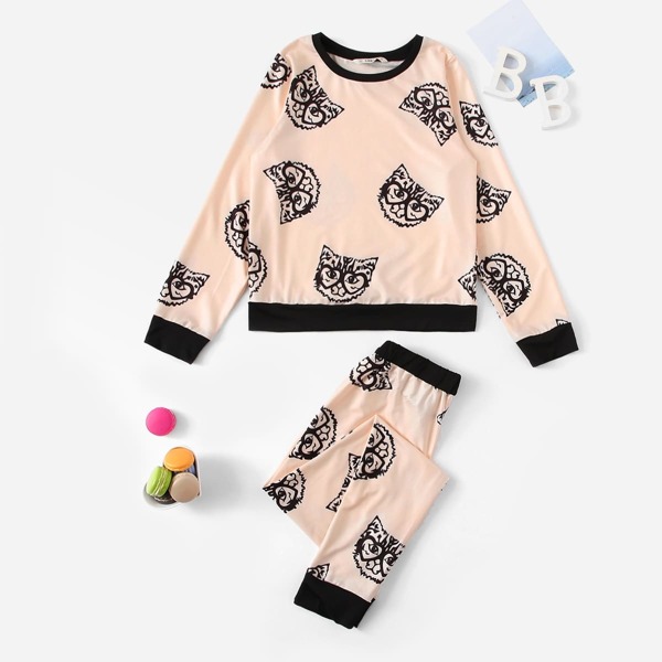 

Girls Contrast Collar Animals Print Top & Pants Set