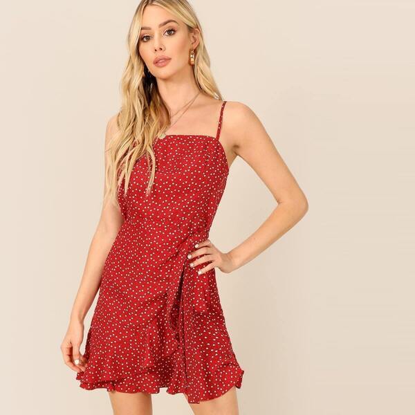 

Ruffle Trim Wrap Belted Cami Dress, Red