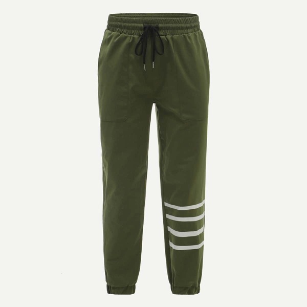 

Men Pocket Patched Asymmetrical Striped Drawstring Pants