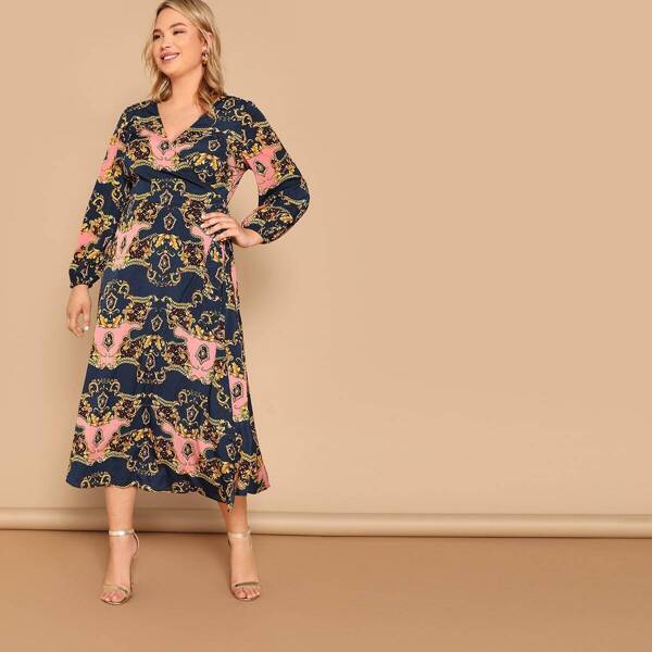 

Plus Ornate Print Surplice Wrap Dress