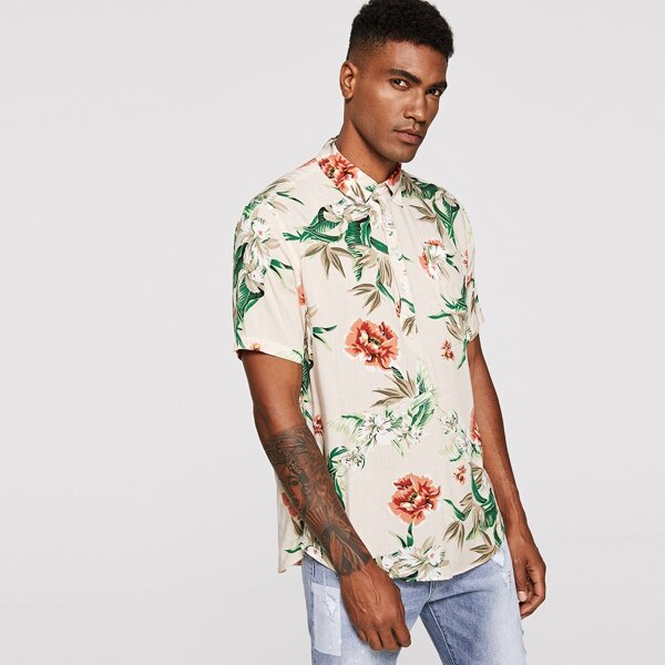 

Men Botanical Print Curved Hem Shirt, Multicolor