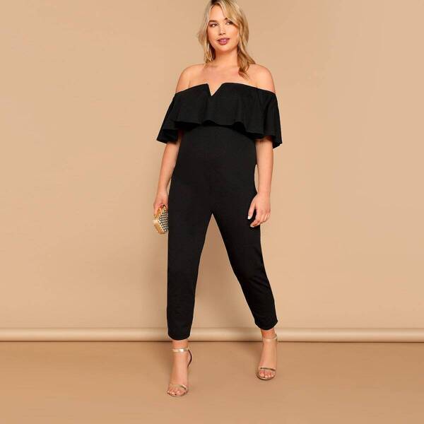 

Plus Notched Flounce Off Shoulder Ruffle Jumpsuit, Black