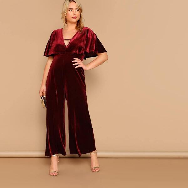 

Plus Cape Sleeve Backless Velvet Palazzo Jumpsuit