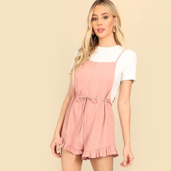 

Ruffle Hem Belted Strappy Romper