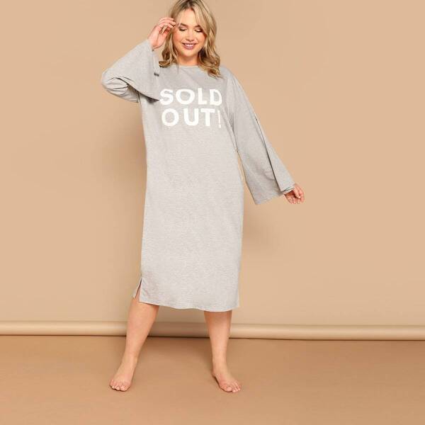 

Plus Letter Print Split Hem Tunic Night Dress, Grey
