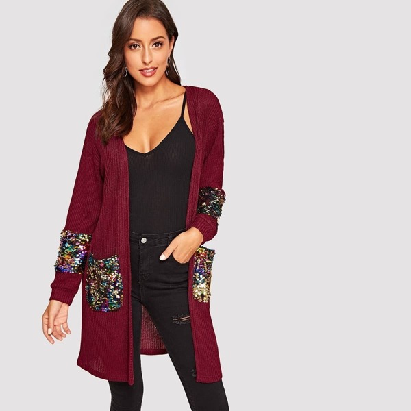 

Open Front Sequin Detail Ribbed Duster Coat, Burgundy