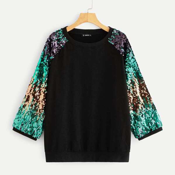 

Plus Contrast Sequins Raglan Sleeve Pullover