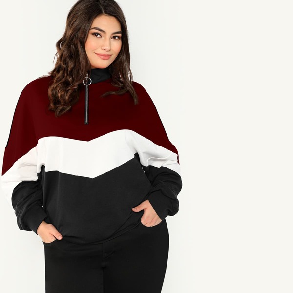 

Plus Zip Front Color Block Chevron Sweatshirt