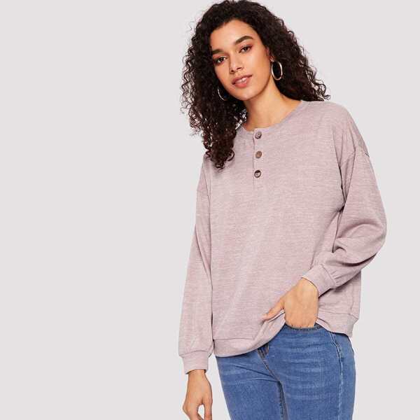 

Button Front Heather Knit Pullover