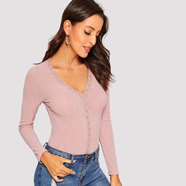

Plunging Neck Grommet Eyelet Detail Rib-knit Top