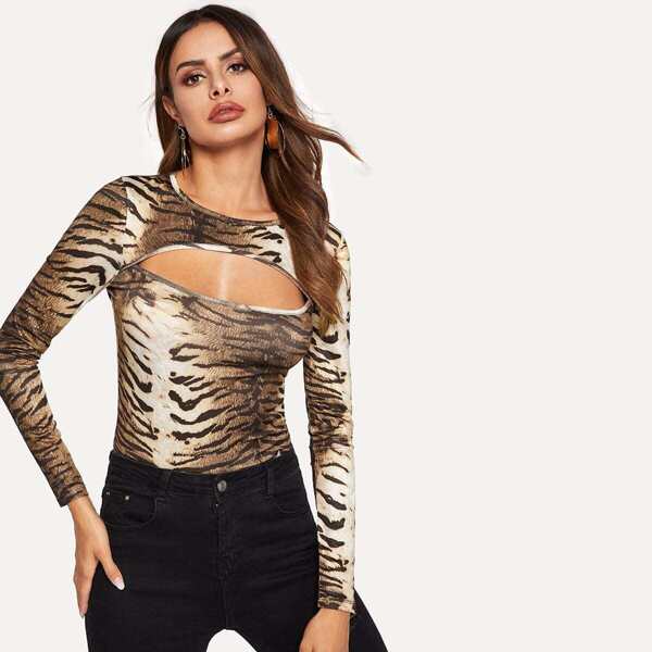 

Cut Out Front Tiger Print Top