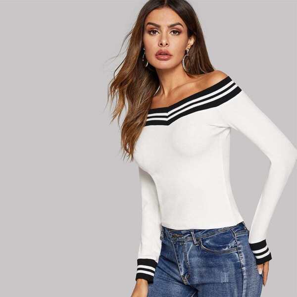 

Striped Trim Fitted Bardot Tee