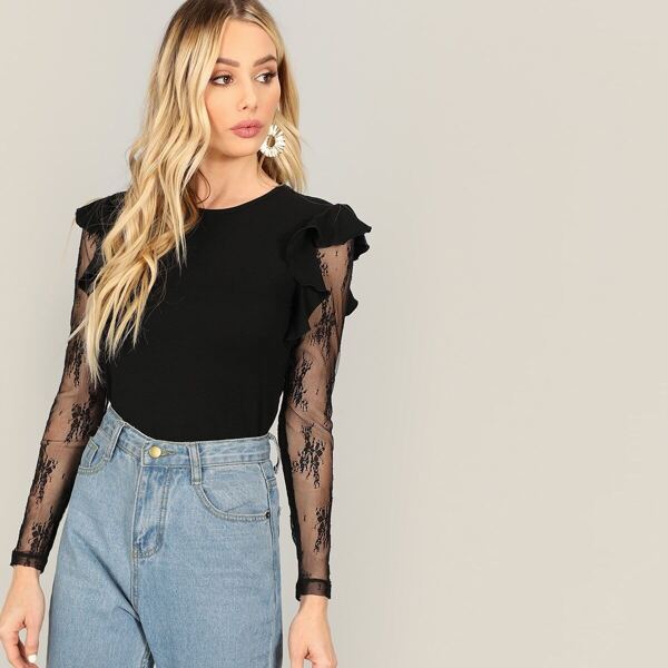 

Embroidery Mesh Sleeve Ruffle Trim Top