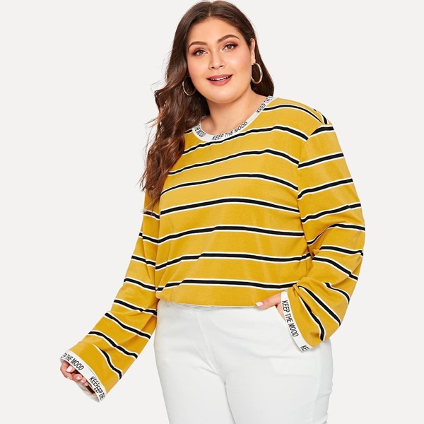 

Plus Slogan Trim Striped Top