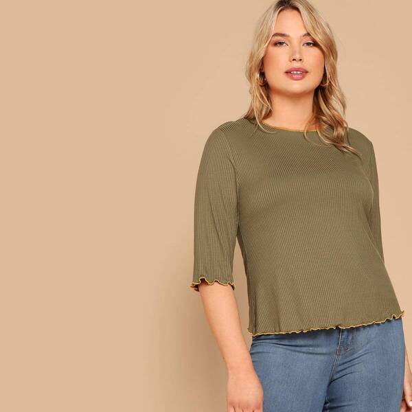 

Plus Lettuce Edge Trim Ribbed Knit Top