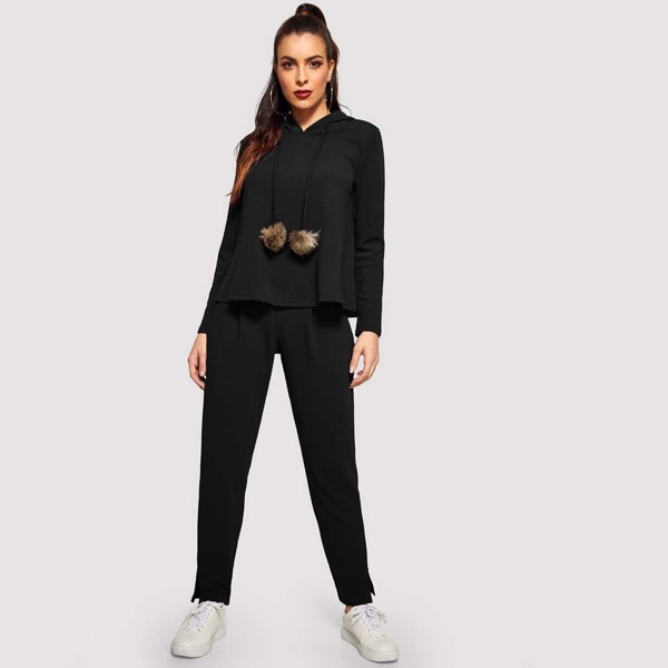 

Pom Pom Drawstring Hoodie With Ears & Pants Set