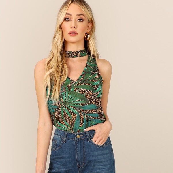 

Choker Neck Tropical & Leopard Tank Top
