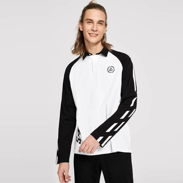 

Men Raglan Sleeve Two Tone Letter Polo Shirt