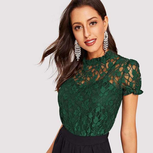 

Frill Trim Guipure Lace Overlay Top