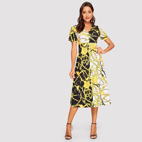 

V Neck Chain Print Fit & Flare Dress