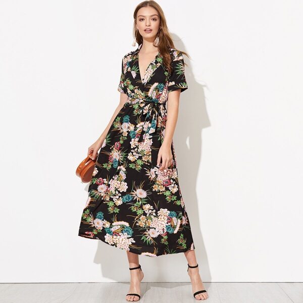 

Surplice Neck Self Belted Floral Dress