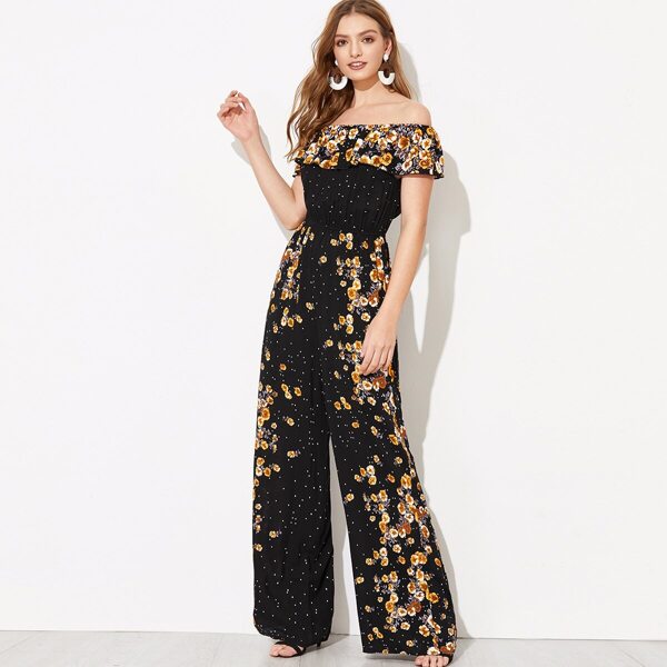 

Flounce Foldover Off Shoulder Wide Leg Floral Jumpsuit, Black