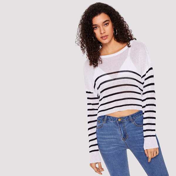 

Buttoned Shoulder Striped Crop Sweater