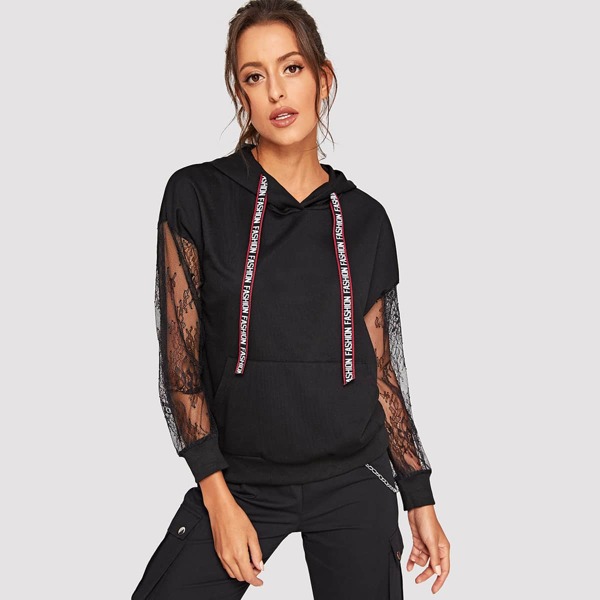 

Letter Tape Drawstring Sheer Lace Sleeve Hoodie