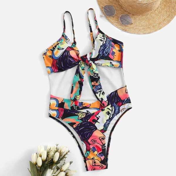 

Knot Front Figure Print One Piece Swimsuit
