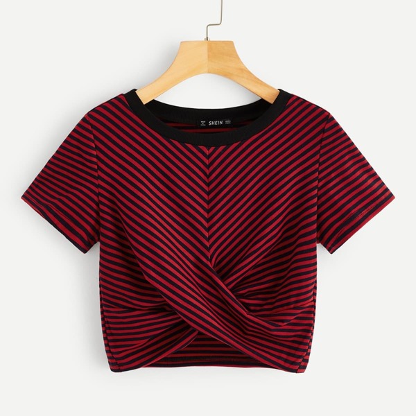 

Twist Front Striped Crop Tee