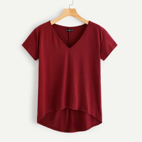 

High Low Hem V Neck Solid Tee