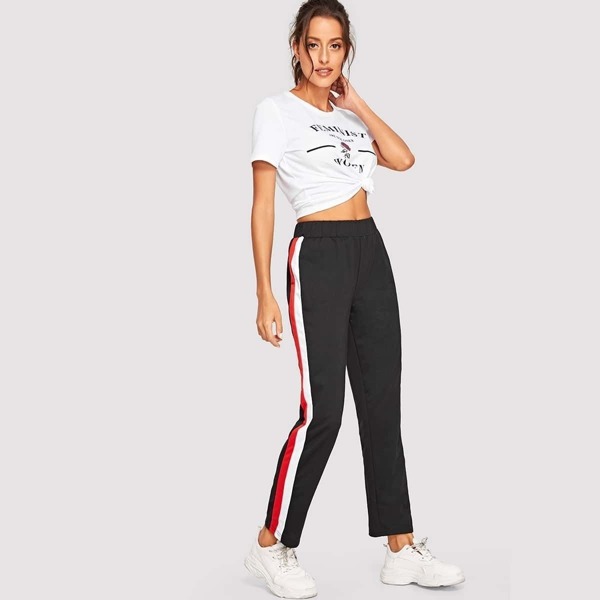 

Letter and Floral Tee and Contrast Sideseam Pants Set