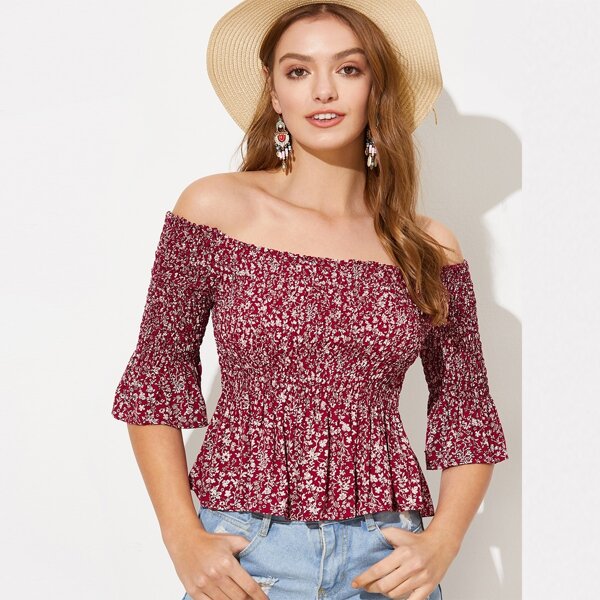 

Ditsy Floral Shirred Bardot Peplum Top