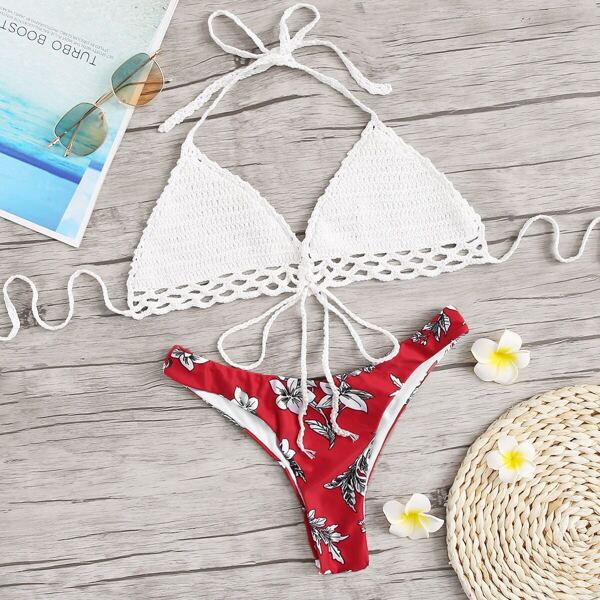 

Crochet Halter Top With Floral Cheeky Bikini