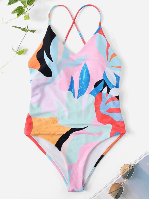 

Random Leaf Print Criss Cross One Piece Swim, Multicolor