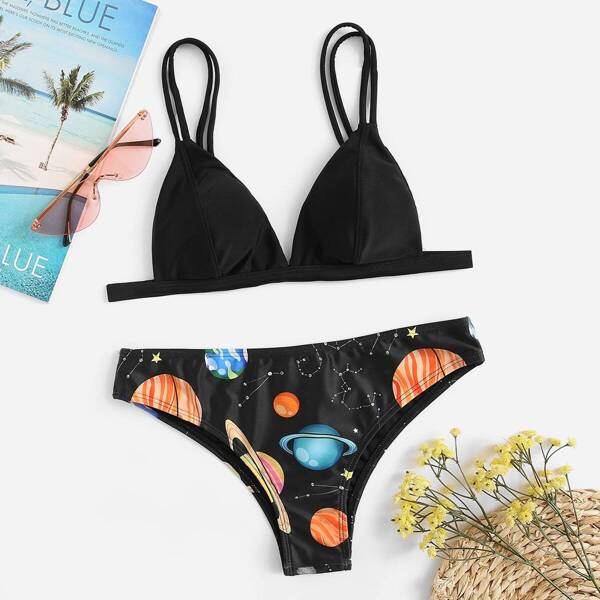 

Double Straps Top With Random Galaxy Print Bikini