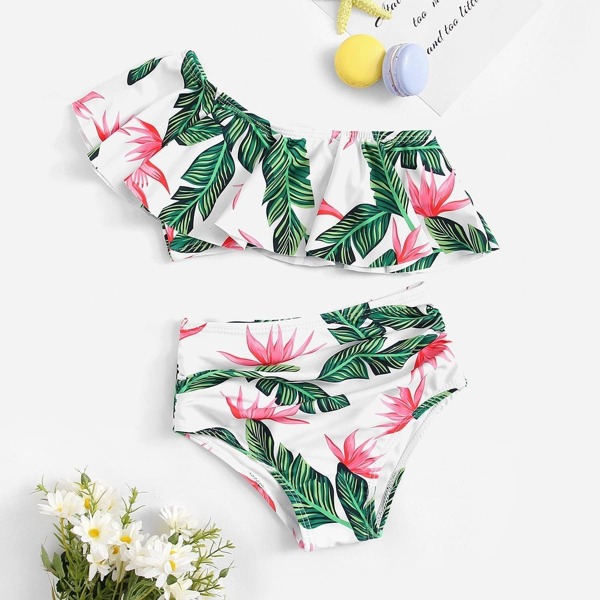 

Toddler Girls Random Tropical One Shoulder Top With Ruched Bikini