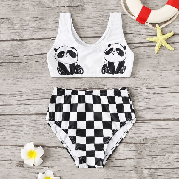 

Toddler Girls Panda Top With Checker Bikini