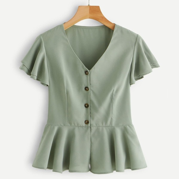 

Single-breasted Ruffle Hem Blouse, Green